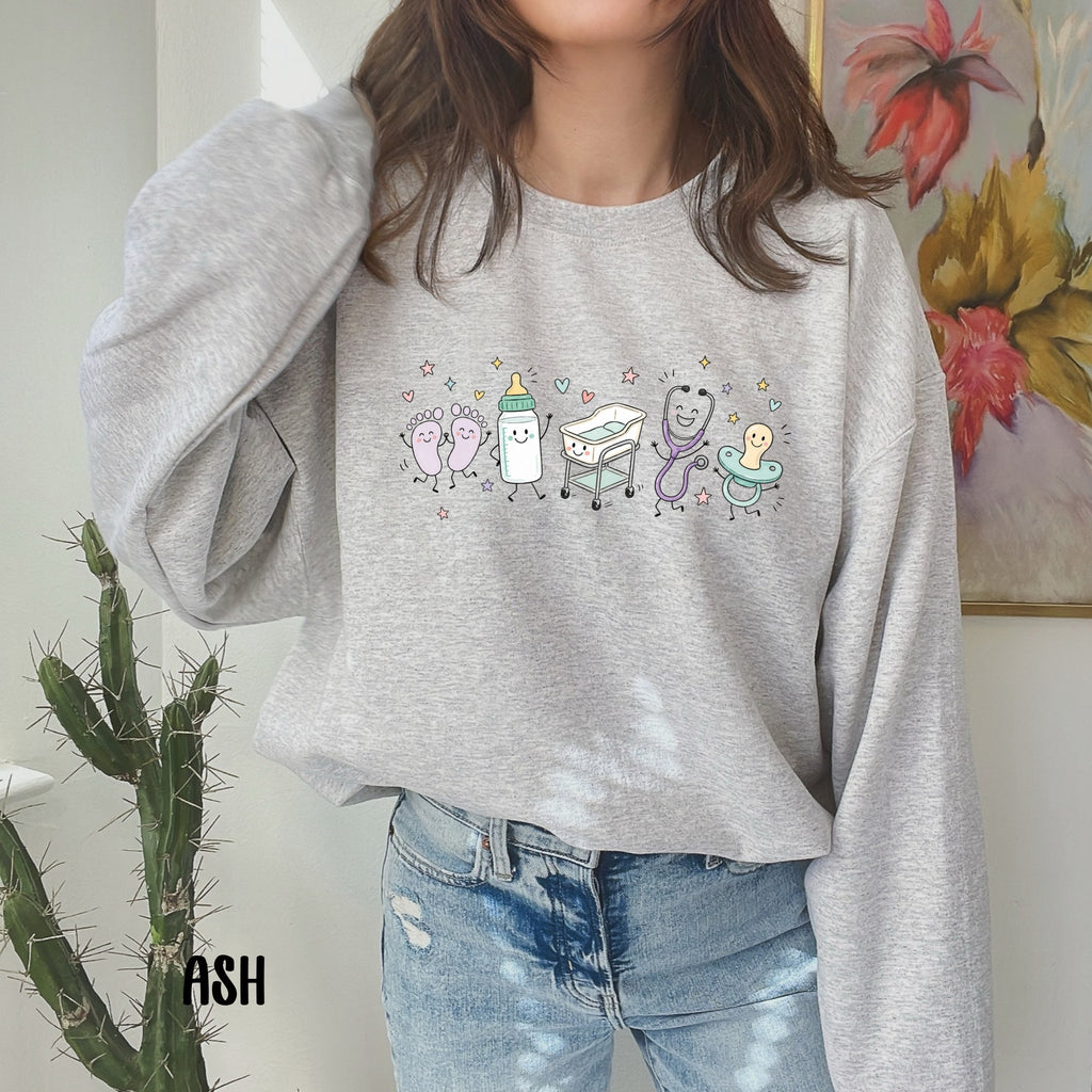 Cute Doodle Labor & Delivery Nurse Sweatshirt | Gildan Crewneck Sweatshirt