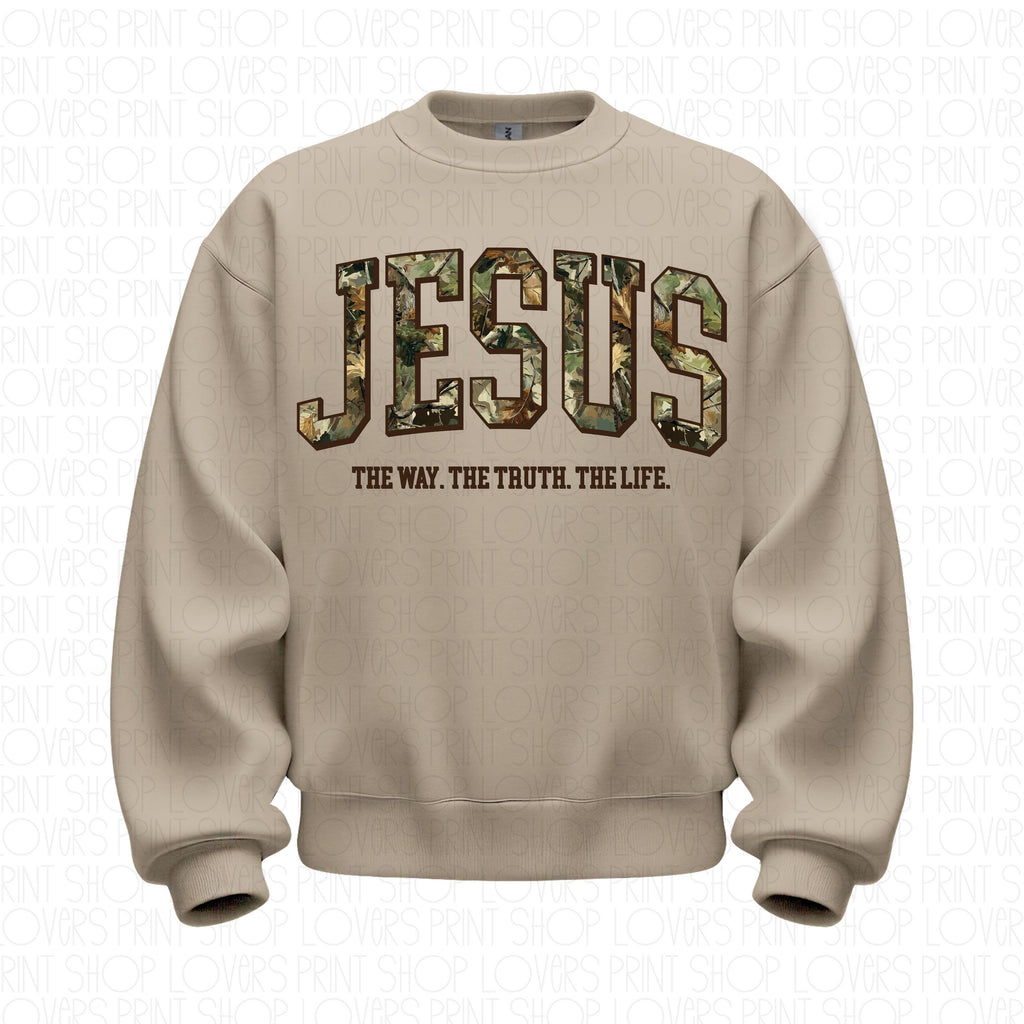 Camo Jesus Sweatshirt | The Way The Truth The Life Crewneck | Gildan 18000 | Christian Streetwear | Faith Pullover | Bible Verse Gift | John