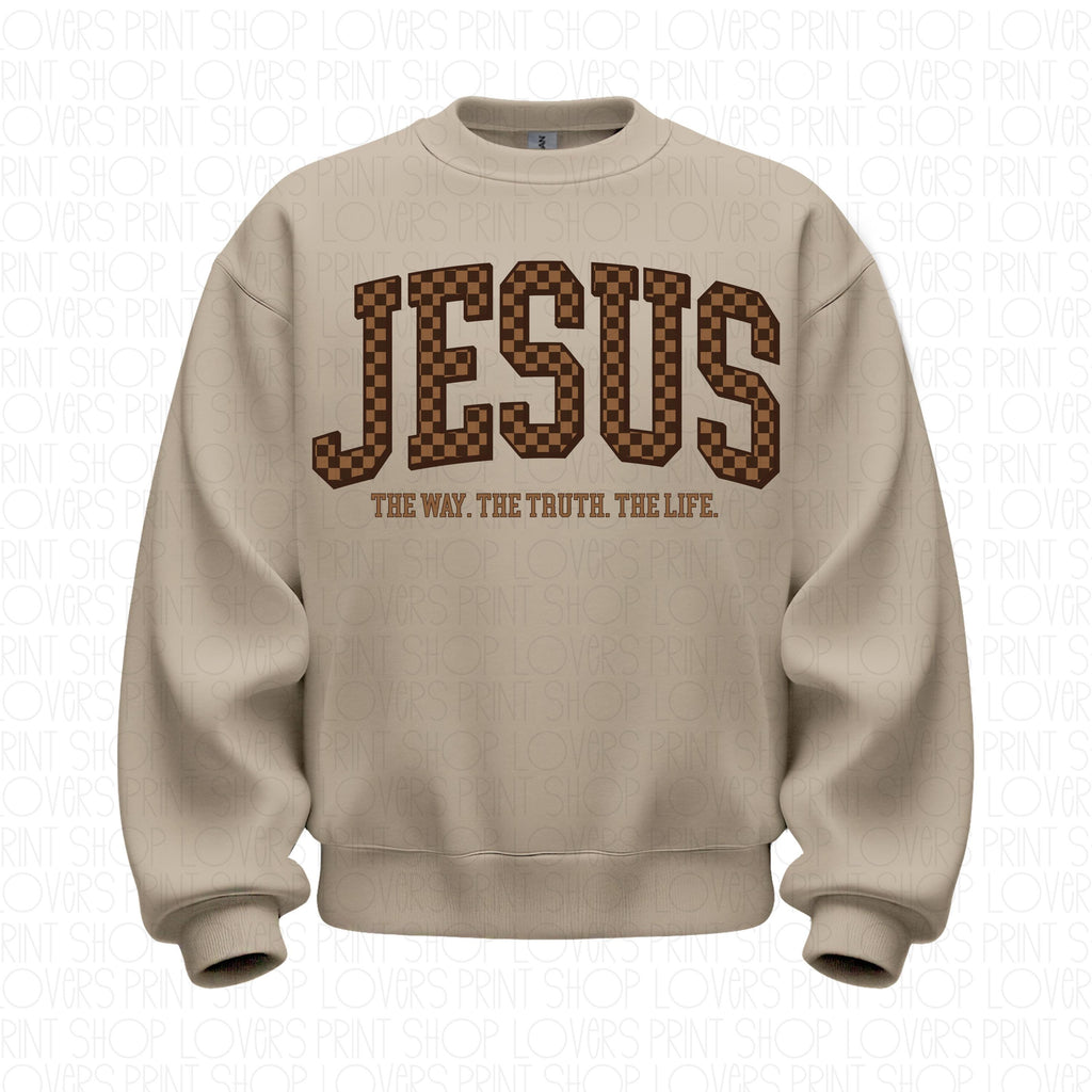 Checkered Jesus Sweatshirt | The Way The Truth The Life Crewneck | Gildan 18000 | Christian Streetwear | Faith Pullover | Bible Verse Gift