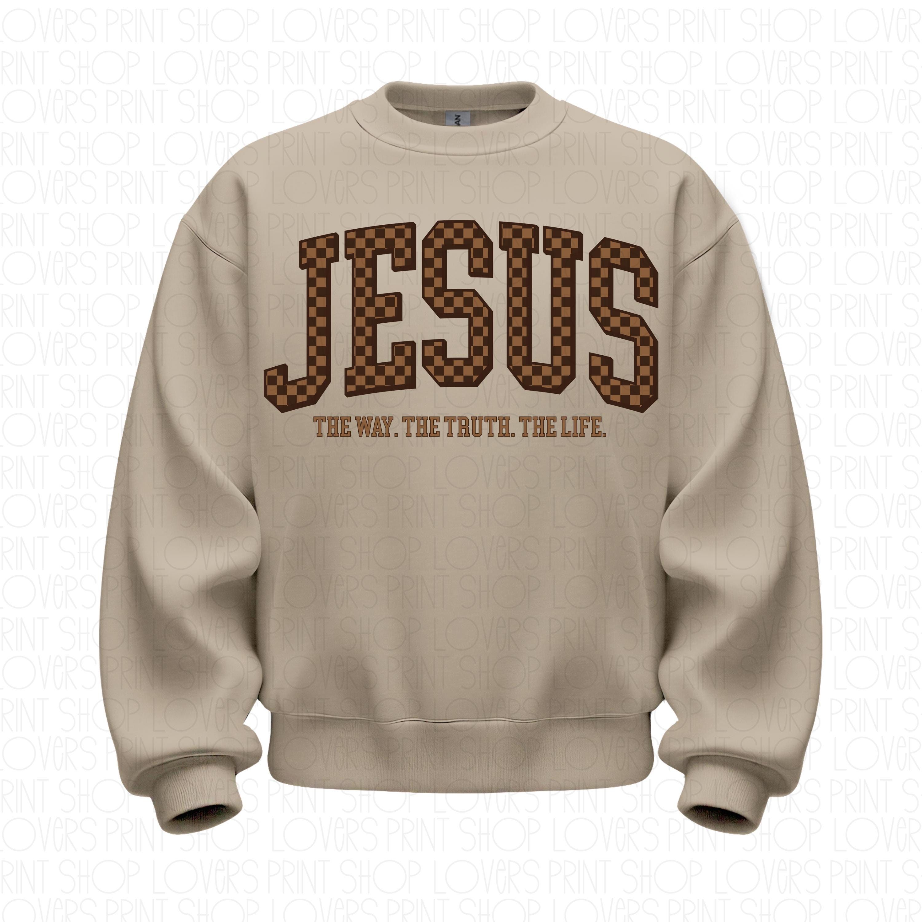 Checkered Jesus Sweatshirt | The Way The Truth The Life Crewneck | Gildan 18000 | Christian Streetwear | Faith Pullover | Bible Verse Gift
