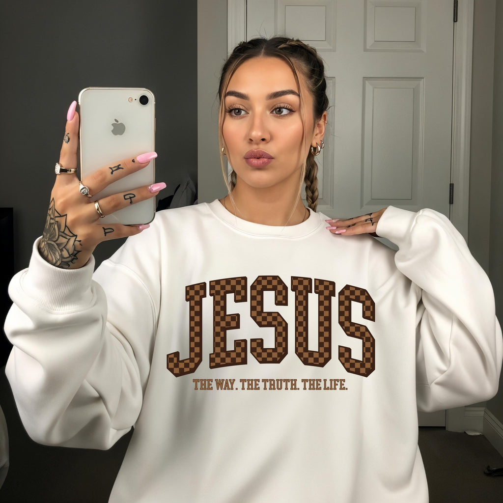 Checkered Jesus Sweatshirt | The Way The Truth The Life Crewneck | Gildan 18000 | Christian Streetwear | Faith Pullover | Bible Verse Gift