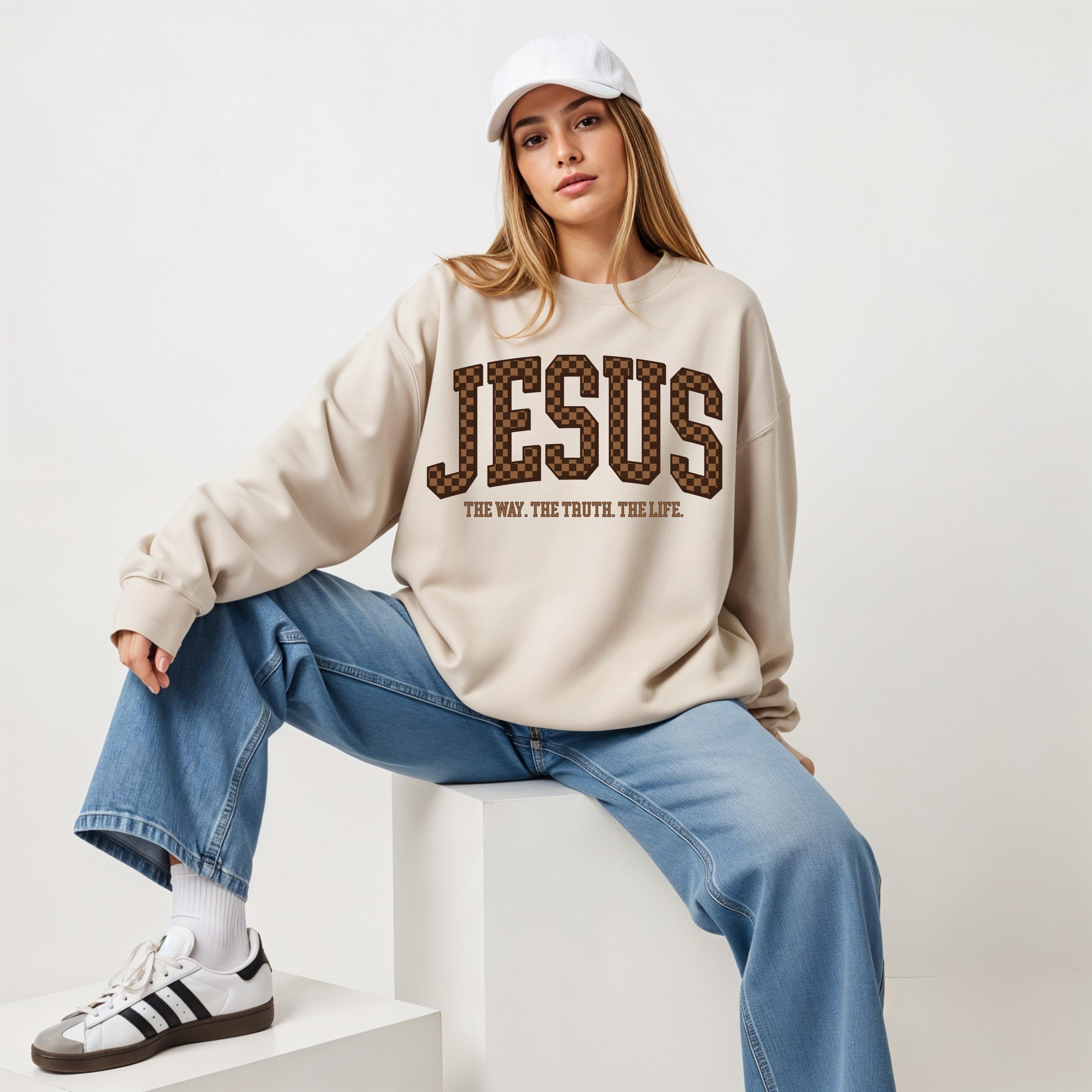 Checkered Jesus Sweatshirt | The Way The Truth The Life Crewneck | Gildan 18000 | Christian Streetwear | Faith Pullover | Bible Verse Gift