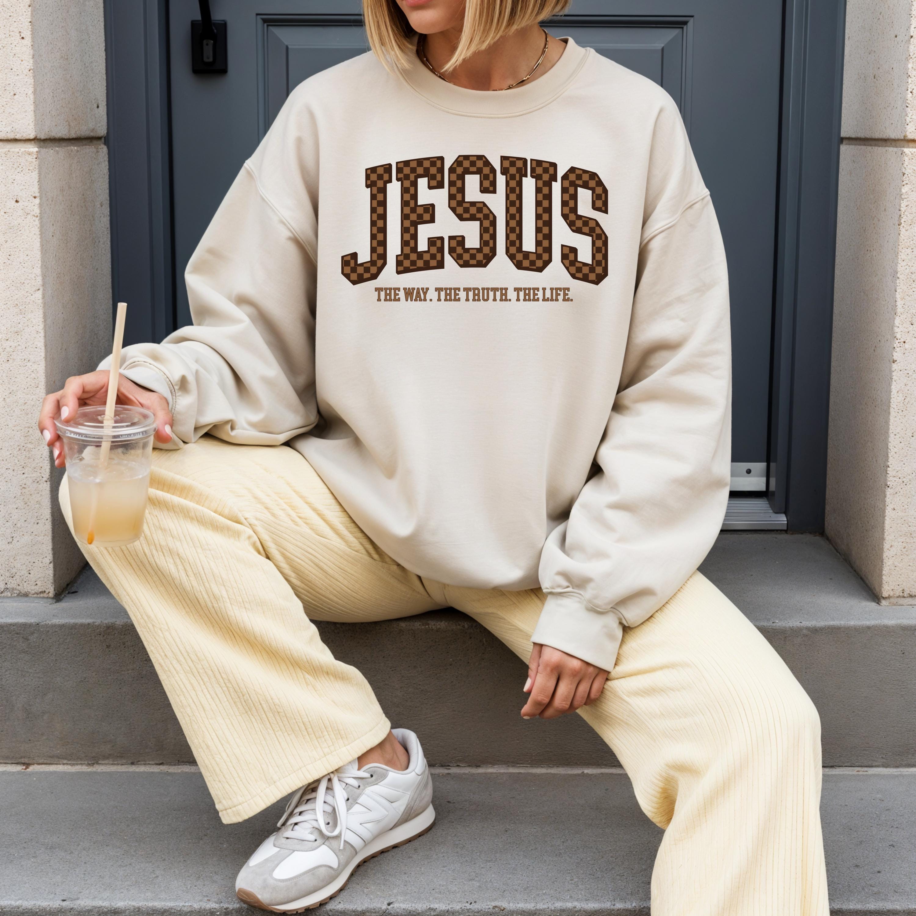 Checkered Jesus Sweatshirt | The Way The Truth The Life Crewneck | Gildan 18000 | Christian Streetwear | Faith Pullover | Bible Verse Gift