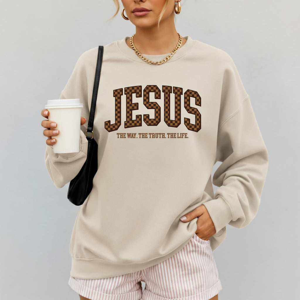 Checkered Jesus Sweatshirt | The Way The Truth The Life Crewneck | Gildan 18000 | Christian Streetwear | Faith Pullover | Bible Verse Gift