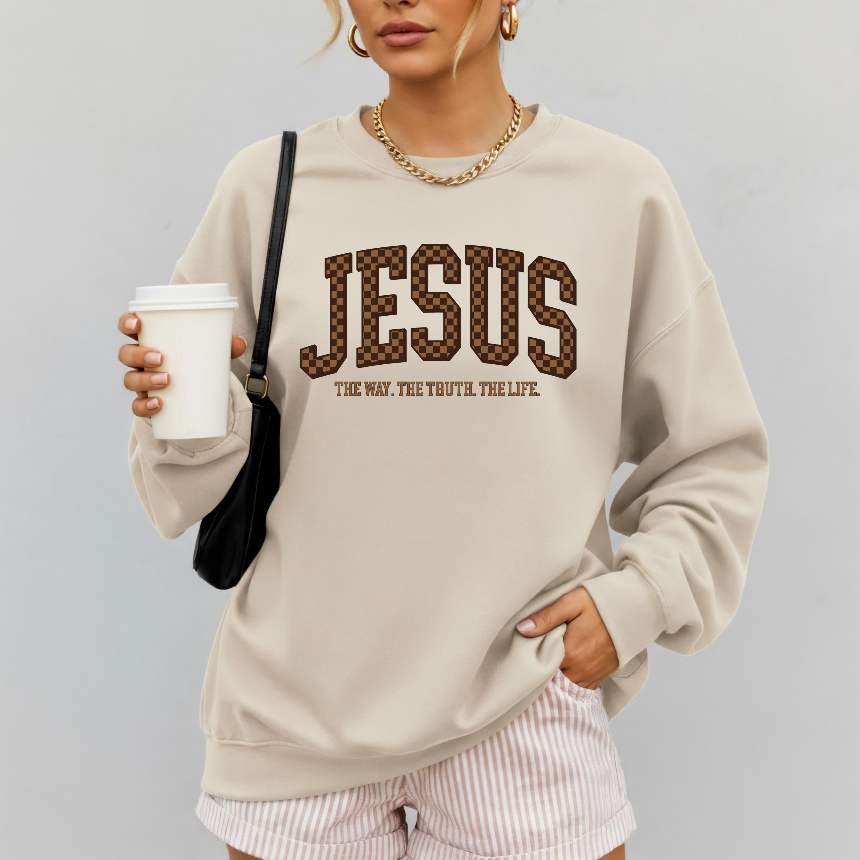 Checkered Jesus Sweatshirt | The Way The Truth The Life Crewneck | Gildan 18000 | Christian Streetwear | Faith Pullover | Bible Verse Gift