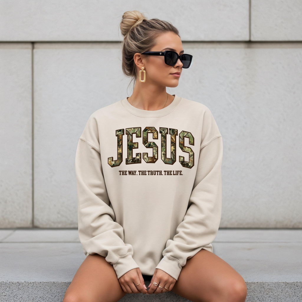 Camo Jesus Sweatshirt | The Way The Truth The Life Crewneck | Gildan 18000 | Christian Streetwear | Faith Pullover | Bible Verse Gift | John