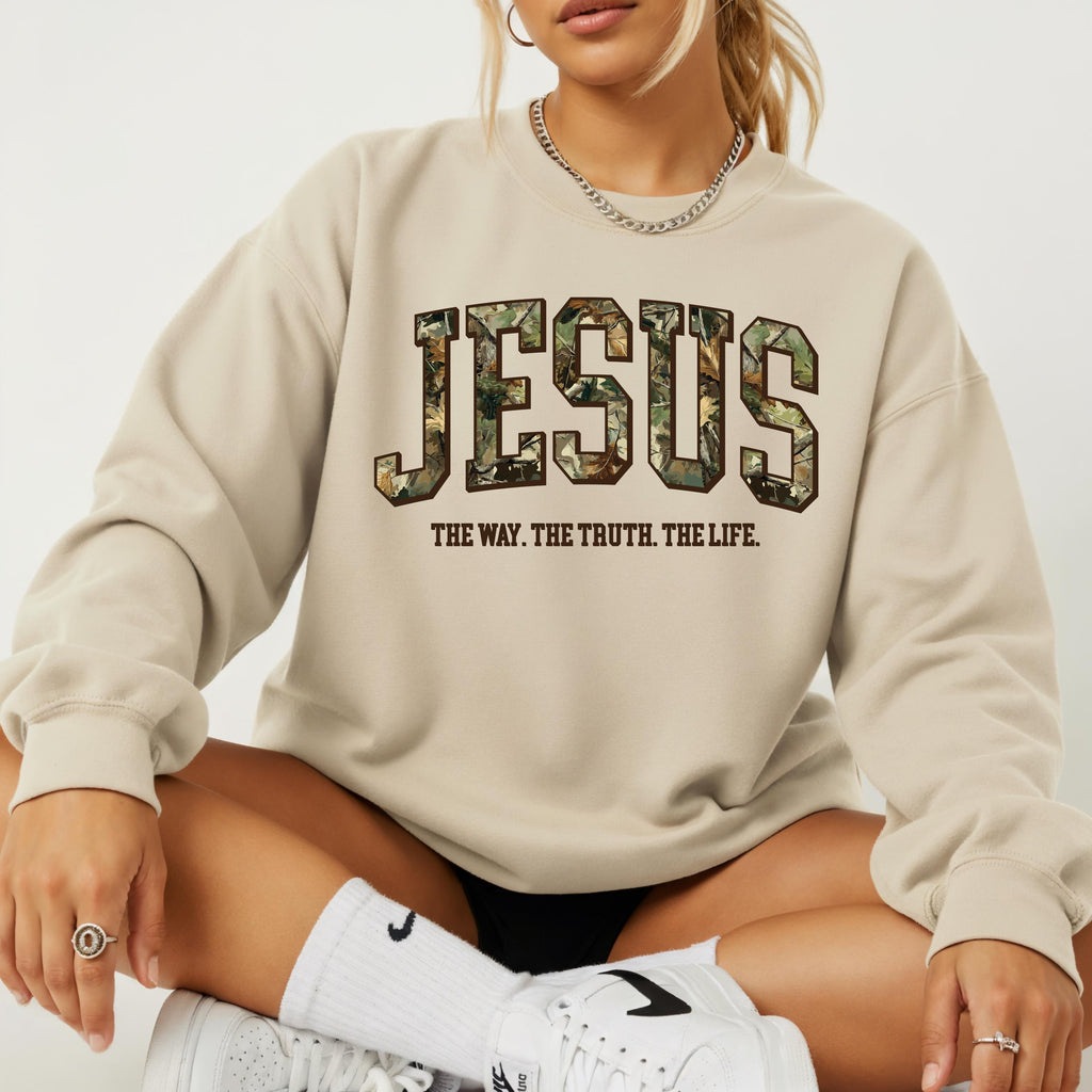 Camo Jesus Sweatshirt | The Way The Truth The Life Crewneck | Gildan 18000 | Christian Streetwear | Faith Pullover | Bible Verse Gift | John