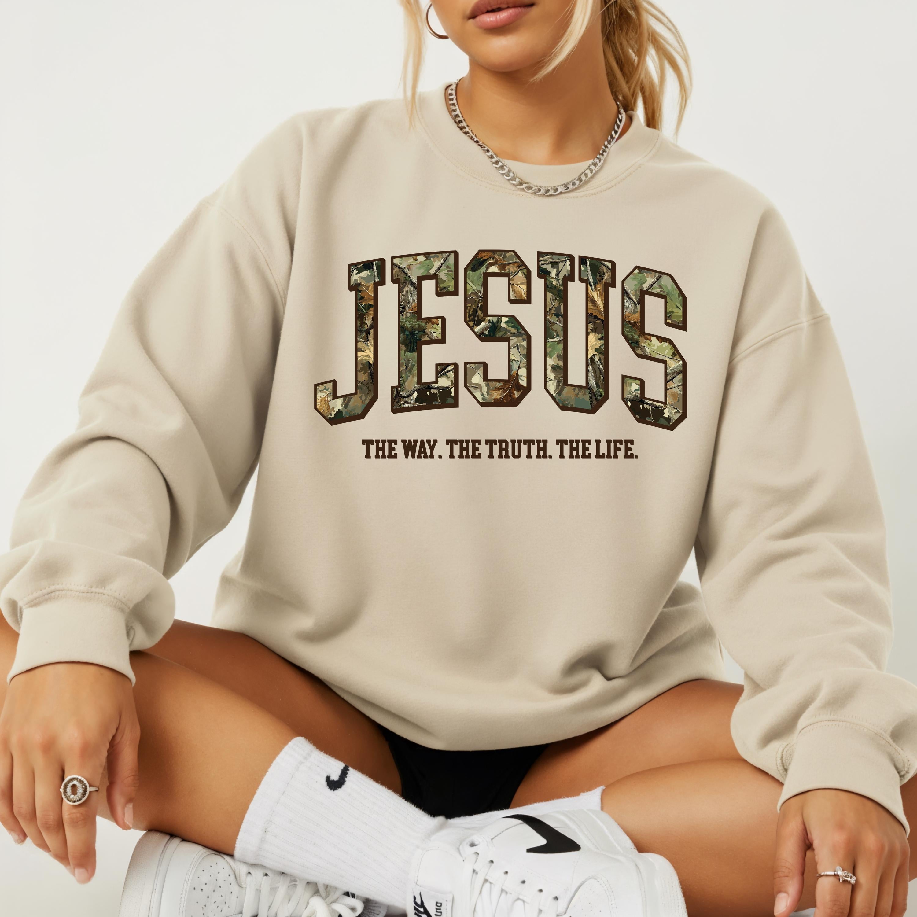 Camo Jesus Sweatshirt | The Way The Truth The Life Crewneck | Gildan 18000 | Christian Streetwear | Faith Pullover | Bible Verse Gift | John