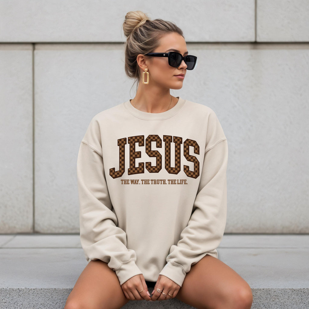 Checkered Jesus Sweatshirt | The Way The Truth The Life Crewneck | Gildan 18000 | Christian Streetwear | Faith Pullover | Bible Verse Gift