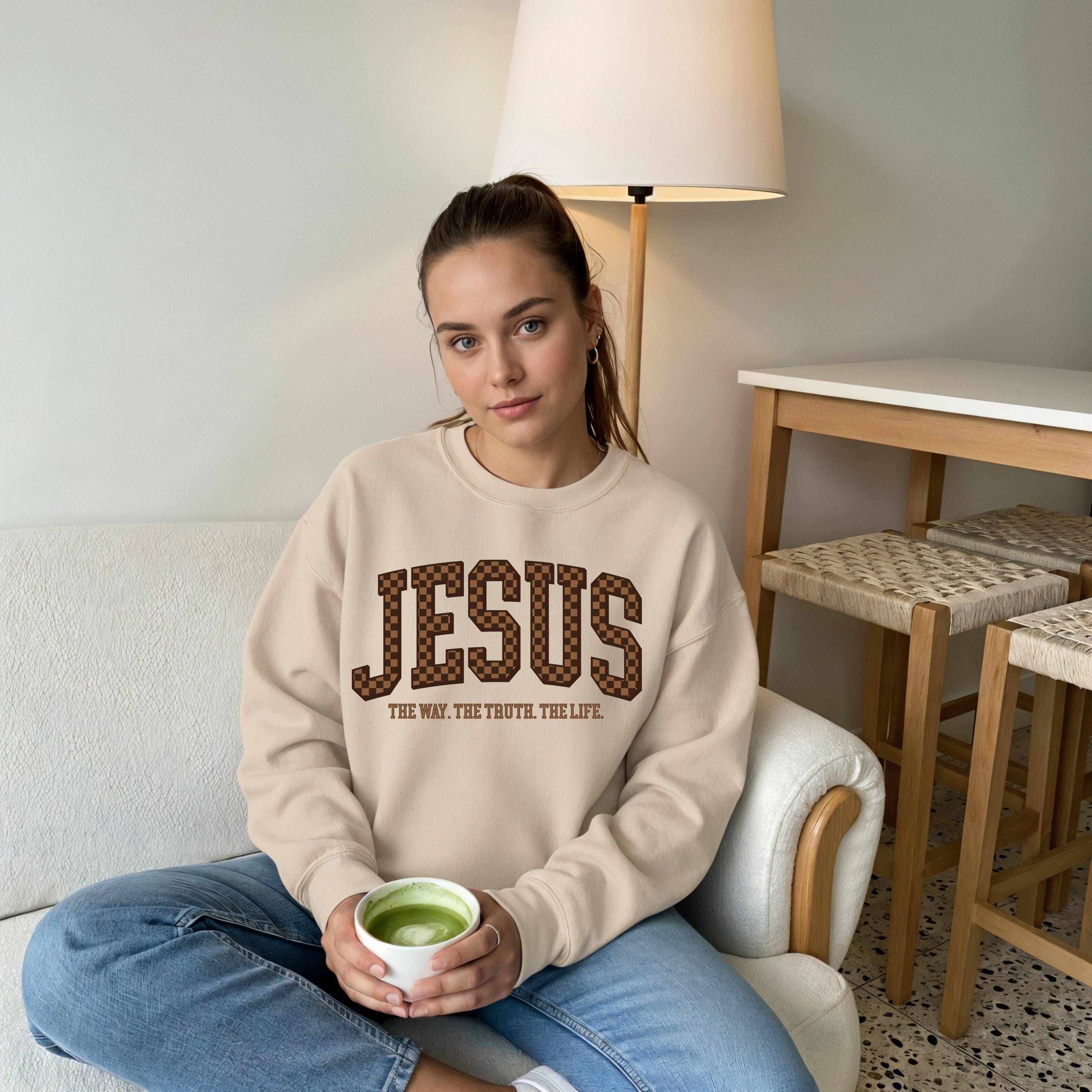 Checkered Jesus Sweatshirt | The Way The Truth The Life Crewneck | Gildan 18000 | Christian Streetwear | Faith Pullover | Bible Verse Gift