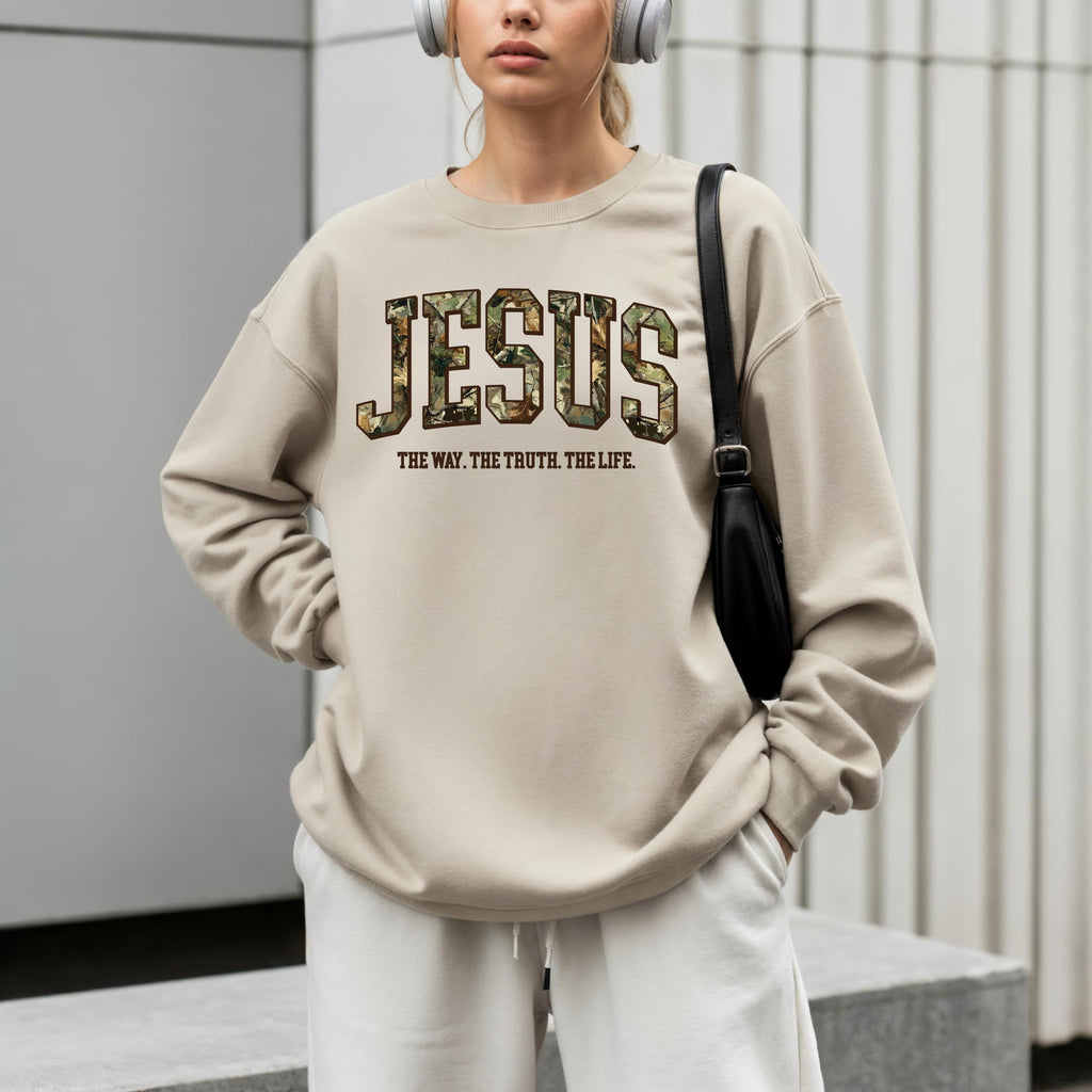 Camo Jesus Sweatshirt | The Way The Truth The Life Crewneck | Gildan 18000 | Christian Streetwear | Faith Pullover | Bible Verse Gift | John