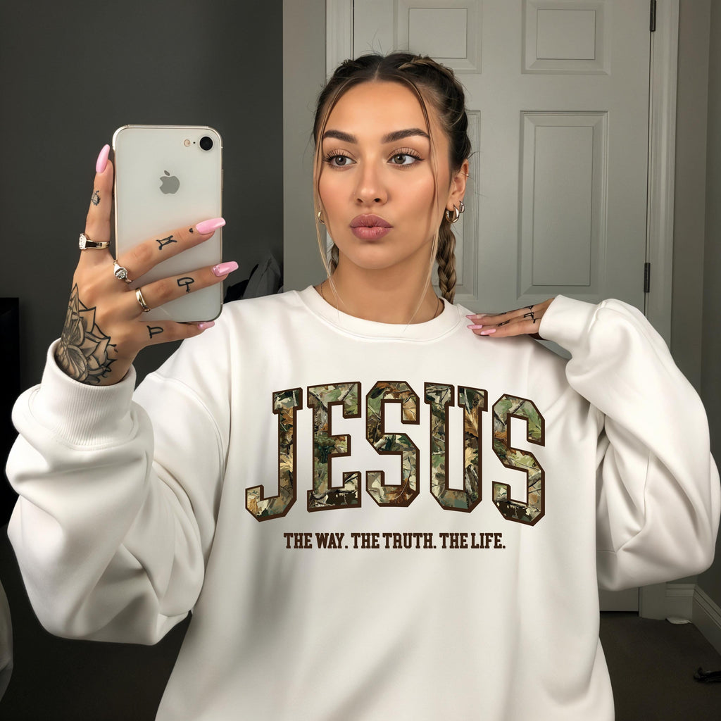 Camo Jesus Sweatshirt | The Way The Truth The Life Crewneck | Gildan 18000 | Christian Streetwear | Faith Pullover | Bible Verse Gift | John