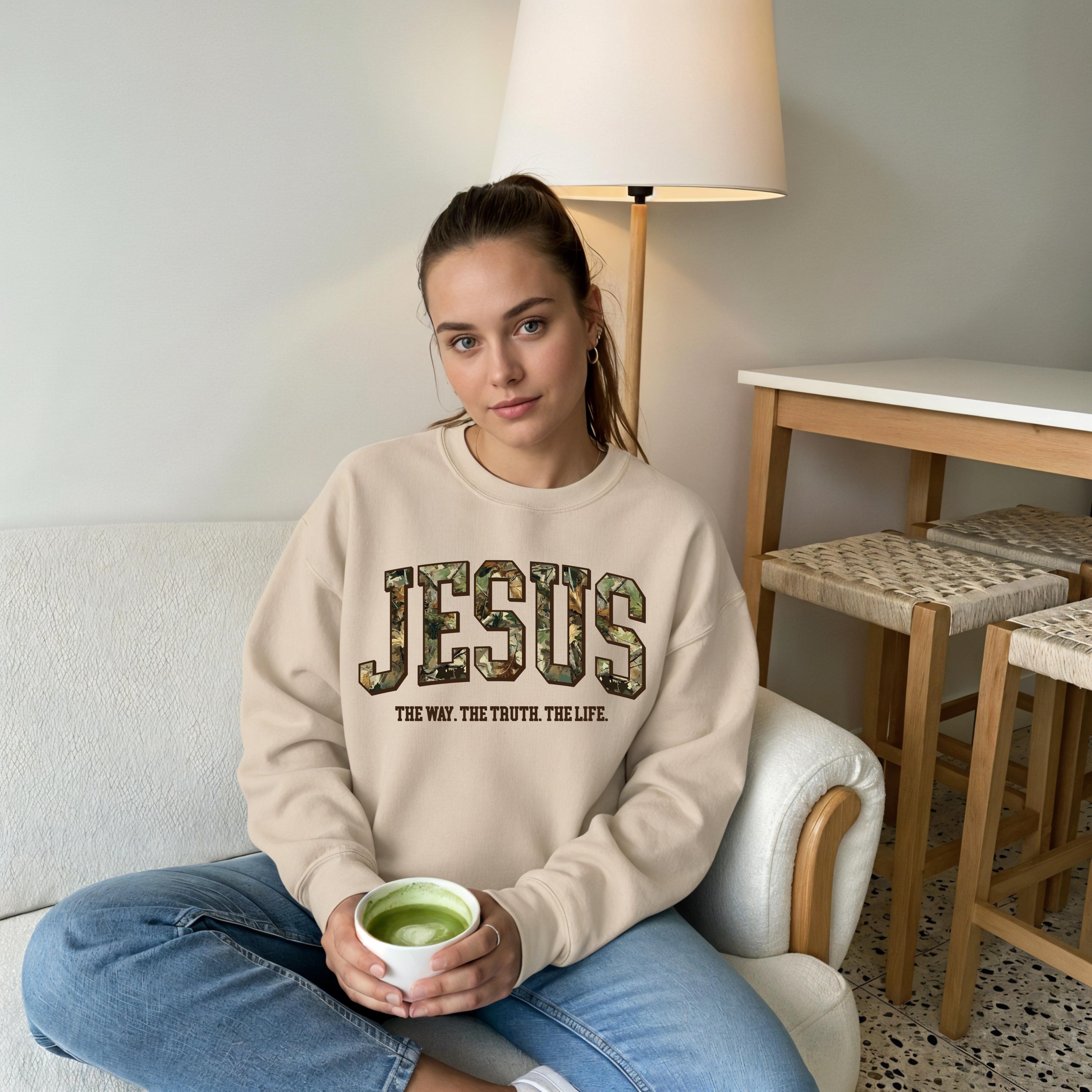 Camo Jesus Sweatshirt | The Way The Truth The Life Crewneck | Gildan 18000 | Christian Streetwear | Faith Pullover | Bible Verse Gift | John