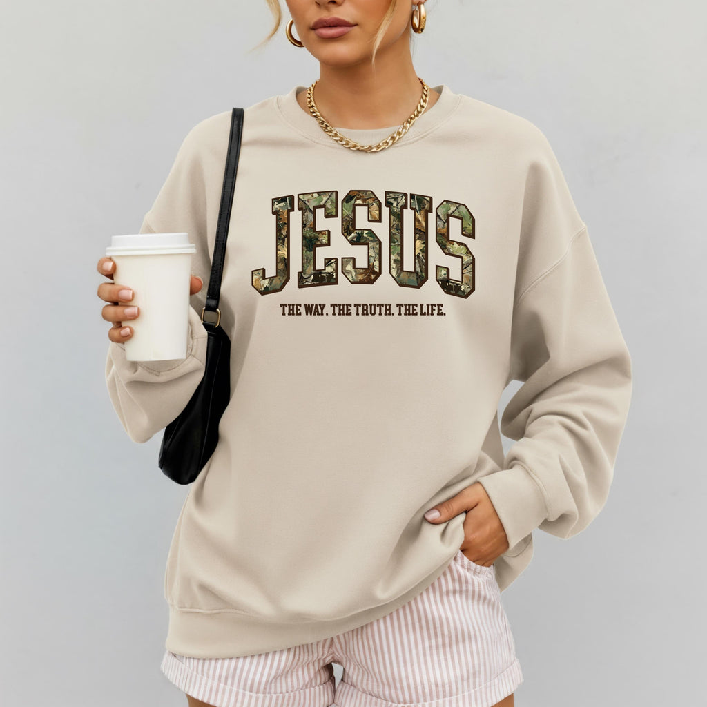 Camo Jesus Sweatshirt | The Way The Truth The Life Crewneck | Gildan 18000 | Christian Streetwear | Faith Pullover | Bible Verse Gift | John