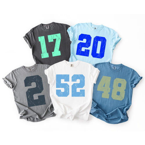 Comfort Colors Distressed Football Number T-Shirt, Custom Game Day Tee